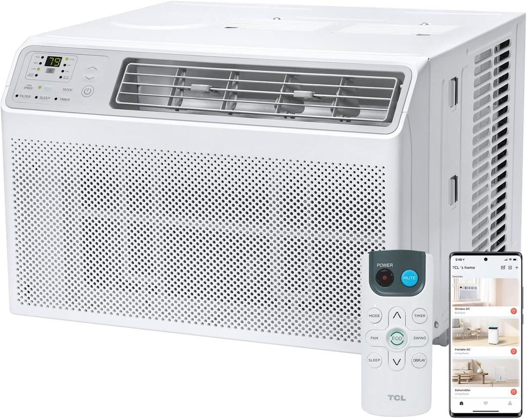TCL 10,000 BTU Smart Window Air Conditioner with Dehumidifier and Fan, 115V, Window AC for Rooms up to 450 Sq. Ft. with Remote Control, Works with Alexa and Google Assistant (White)