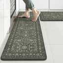 KIMODE Comfort Kitchen Mats for Floor Cushioned Anti Fatigue,Boho Vintage Kitchen Rugs Sets of 2 Non Slip,Memory Foam Kitchen Floor Mat Carpet for Laundry Office Home Decor, Dark Green (17.3" x 47"+ 17.3" x 29"--0.47 inches)