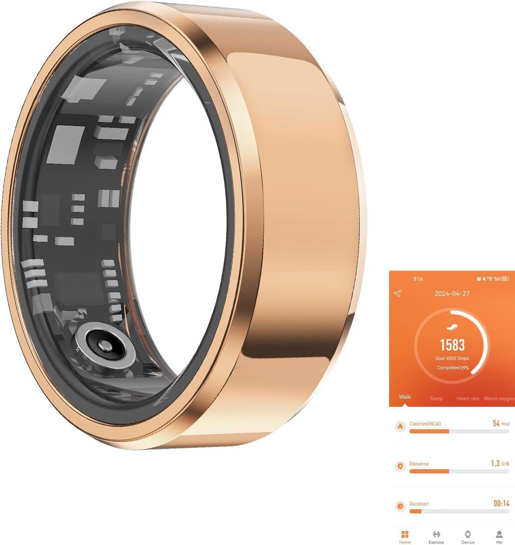Fitness Tracker Smart Ring, Step Counter, Heart Rate Blood Oxygen Sleep Tracker Health Ring, 5ATM Waterproof Long Battery Life Smart Rings Compatible with iOS & Android (Rose Gold, US 12)