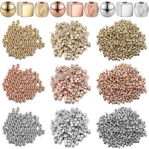 3000 Pieces Assorted Spacer Beads Include 1500 Faceted Rondelle Cube Column, 900 Round Ball, 600 Square Charm Loose Spacer Bead for DIY Jewelry (Gold, Sliver, Rose Gold) (Silver)