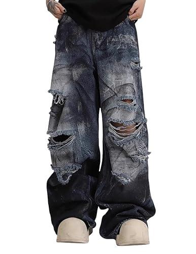 Unisex Y2K Distressed Baggy Wide Leg Jeans for Men Women - Vintage Washed Ripped Denim Streetwear Pants (Large)