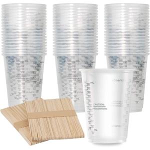 XUXU 100pcs 8oz Graduated Clear Plastic Measuring Cups with 100pcs Wooden Stirring Sticks for Mixing Paint, Pigments, Epoxy Resins, Resins