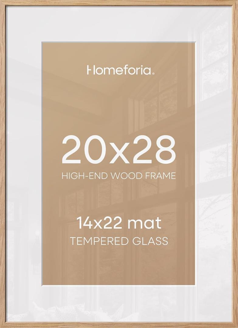 Homeforia 20x28 Natural Oak Picture Frame, High-End Wood, 14x22 Mat, Glass