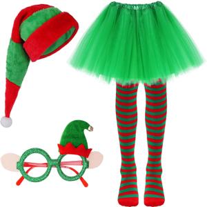 HOVEOX Christmas Elf Costume Set for Women - Hat, Skirt, Socks, Glasses (Green)