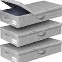 punemi Under Bed Storage Containers, 3 Pcs Large Blanket Clothes Storage Bag, Long Flat Firm Sides Underbed Organization And Storage w/ 3 Handles & Lid For Comforter Toy Closet, 31.1*15.7*6 inch Tall (Grey-3 Pack)