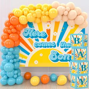 Here Comes the Son Baby Shower DecorBlue Orange Yellow Balloon Arch Garland with Blue BABY boxes, Here Comes The Son Backdrop for Sunshine Boho Boy Baby Shower Decorations Sun Theme Birthday Party