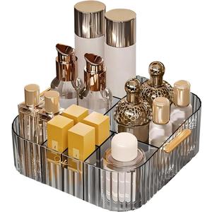 DASITON Acrylic Makeup Organizer,9 Slots Makeup Brush Holder,Makeup Storage with Handle,Vintage Striped Cosmetic Organizer for Desk Storage Container,Vanity,Bathroom(Grey)