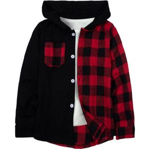 Boys Flannel Shirts Plaid Hoodie: Button Down Long Sleeve Shirt Fall Winter Fashion Lightweight Hooded Jacket Coats (6-7 Years, Black + Red)