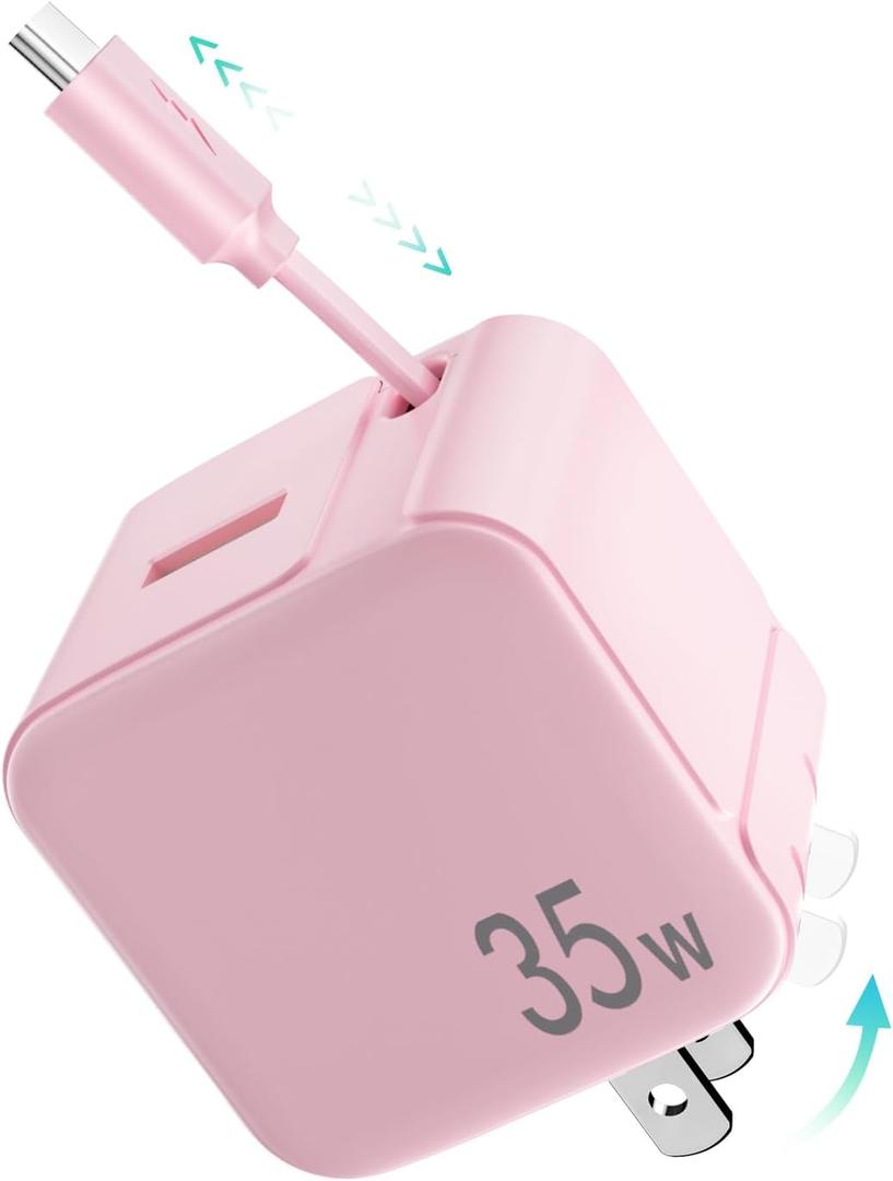 Retractable Wall Charger,35W PD Fast USB Charger Block with Retractable Type-C Cable,Portable Adapter with Foldable Plug for iPhone 16/15,Galaxy,Pixel,and Multiple Devices(Pink)