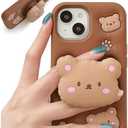 TUFTA Kawaii 3D Teddy Bear Phone Case for Samsung Galaxy a15  (with Retractable Phone Stand & Grip) Cute Girly Cartoon Soft Silicone Phone Cover for Girls, Kids, Teens, and Women, Brown 