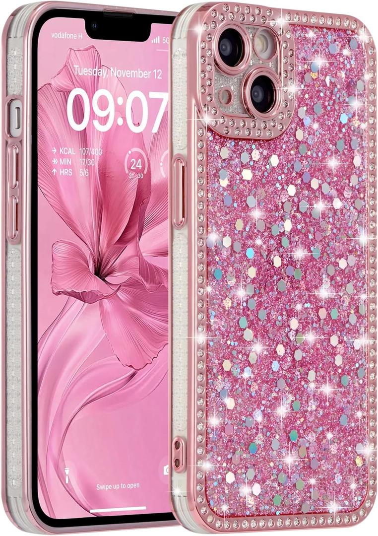 FABSPARK Case for iPhone 16e/17e,Glitter Crystal Diamond Rhinestones Sequin Shiny Bling Sparkly Glossy Luxury Electroplated Case,Aesthetic Cute Full Protection for iPhone 17e/16e,Pink