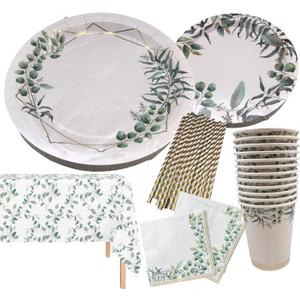 Serves 24 Complete Eucalyptus Greenery Floral Party Supplies, Includes Paper Plates, Cups, Napkins, Straws and 2 Table Covers Ideal for Baby Showers, Weddings, Birthdays, Tea Party, Bridal Showers