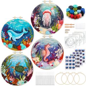 Fedmut Needle Felting Kit, Wool Felting Kit for Beginners Adult with Wool, Needles, Foam Pad, Felt Cloth and Instructions  4 Set Sea Animals Painting Frame for Great Gift Decoration