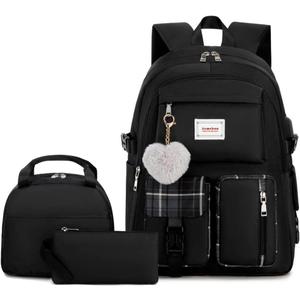 Acmebon Girl Roomy Fashion Laptop Backpack Set Casual Daypack Set for Women Black