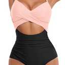 Eomenie Women's One Piece Swimsuits Tummy Control Cutout High Waisted Bathing Suit Wrap Tie Back 1 Piece Swimsuit Black PinkXL