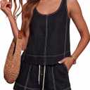 Tanming Womens 2 Piece Outfits Contrast Stitching Matching Sets A Line Tank Tops High Waist Shorts with Pockets (Black), Large