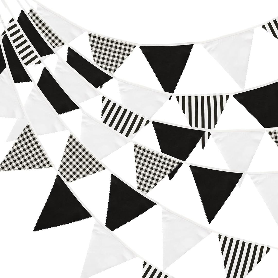 GCQQ 40Ft Black White Pennants Party Decoration 42Pcs Large Striped and Checkered Fabric Banner Garland Cloth Triangle Banner Flags for Racing Birthday Monster Truck Hen Party Decor, Black And Red 