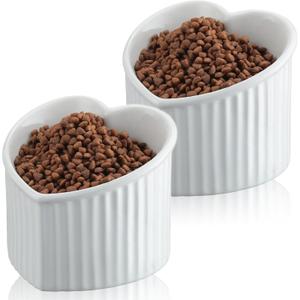 Mumufy 2 Pcs Ceramic Elevated Cat Bowls Tilted Elevated Raised Pet Bowls Anti Vomit Cat Dish for Indoor Stress Free Water Dish Feeder for Puppies, Heart Shaped(Pearly White)