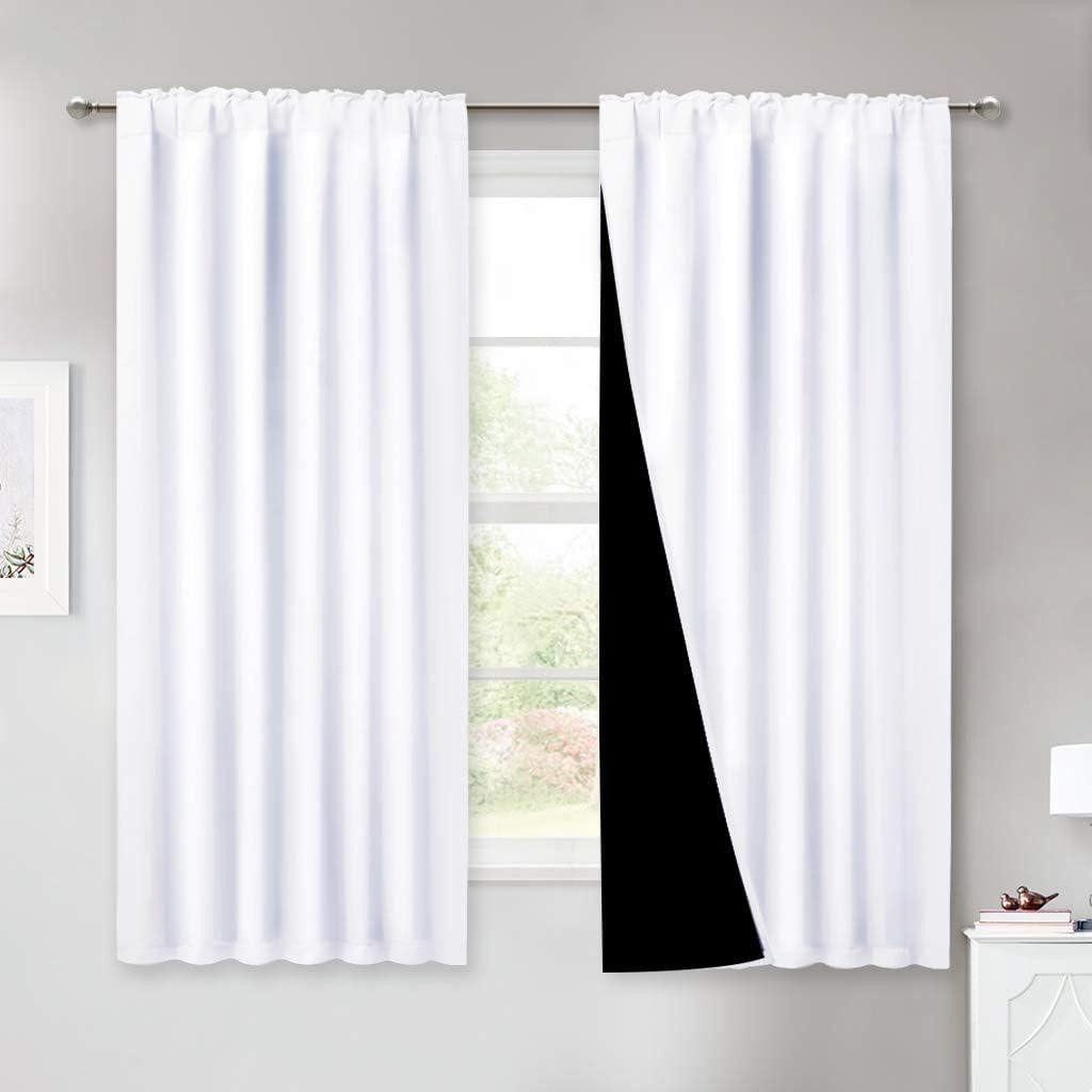 NICETOWN Pure White 100% Blackout Lined Curtains, 2 Thick Layers Completely Blackout Window Treatment Thermal Insulated Drapes for Kitchen/Bedroom (1 Pair, 52 inches Width x 63 inches Length)