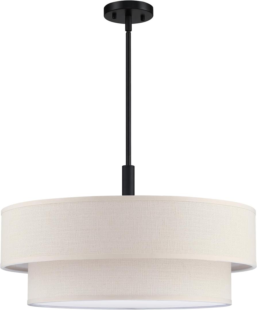 5 Light 22 Inch Cream Fabric Shade Hanging Pendant Ceiling Light Fixture,Adjustable Rod Semi Flush Mount Light Black Finish for Bedroom,Living Room,Dining Room Hallway