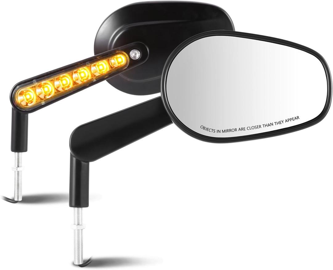 DNA MOTORING Pair of Motorcycle Side View Mirror, Black, Led Trun Signal,Universal 5/16-10 (8MM) Bolt,Compatible with BMW Suzuki Yamaha Kawasaki Motorcycle Cruiser Scooter, Oval Style, MP-MR-M006-BK
