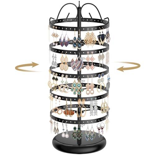 LASZOLA 5 Tier Black Earring Holder Organizer Tree Women Display Storage for Stud and Hoop, Large Cool Rotating Clip Stand for Pierced and Dangle Earring, Vertical Metal Tower Carousel with 220 Holes