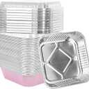 50 Pack 8"x8" Aluminum Pans with Plastic Lids,Disposable Tin Foil Pan For Cooking Baking Cakes Breads Square Food Containers for Heating Roasting Preping Storing,Pink