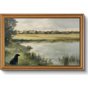 Gold Framed Wall Art Vintage Hunting Canvas Wall Art Black Dog Artwork Nature Landscape Prints Rustic Cottagecore Picture for Living Room Bedroom Farmhouse Bathroom Office Decor, 16x24
