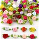 LOPURO Mini Ribbon Roses, 100Pcs Artificial Fabric Flowers with Green Leaves Mixed Color Rosettes Mini Ribbon Roses for Crafts Sewing DIY Craft Decoration Wedding Festival Accessories (Mixed Color)