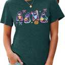 Halloween Spooky Season Cute Ghost T Shirt for Women Crewneck Fall Pumpkin Colorful Graphic Tee Tops (XL)