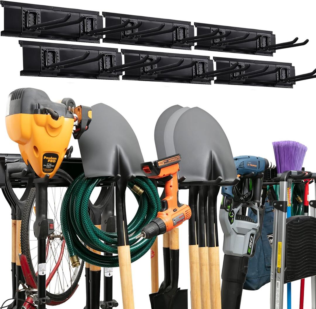 TIDYME Garage Tool Organizer Wall Mount - 96 inches - Sturdy Storage Rack with Adjustable Hooks, Anti-Rust - Easy Installation, 600lbs Capacity - Garden Tool Organizer (06 Racks & 12 Hooks) (96" Carbon Steel, Black)