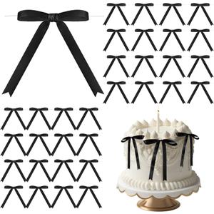 Riceshoot 50 Pcs Twist Tie Bows for Cake 3x4.5 Inch Satin Ribbon Bows for Gift Wrapping Treat Bags Craft DIY Wedding Baby Shower Birthday Party Decorations(Black)