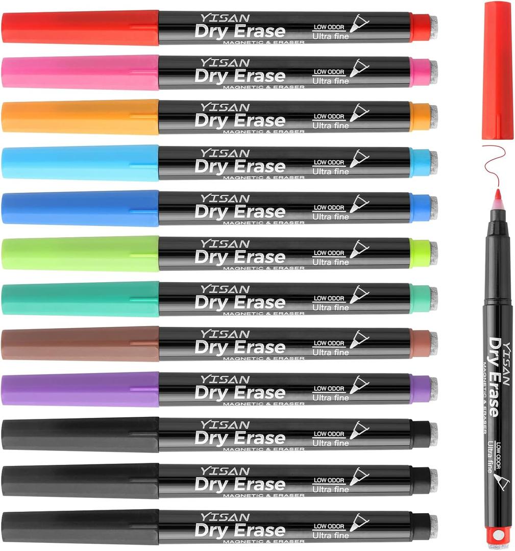 YISAN Dry Erase Markers Ultra Fine Tip,0.7mm Extra Fine Point, Magnetic Whiteboard Markers with Eraser,Assorted Colors,Low Odor,12 Count,70566