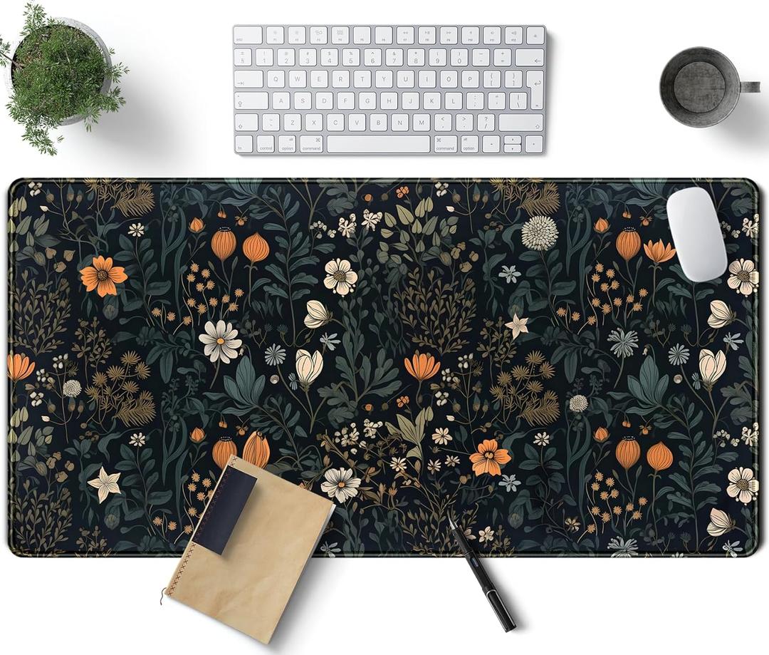 Cute Dark Floral Desk Mat Vintage Flowers Plant Mouse Pad XXL Large Extended Gaming Mousepad Women Office Decor Desk Pad, Big Laptop Computer Keyboard and Mouse Mat with Stitched Edges, 31.5x15.7 in