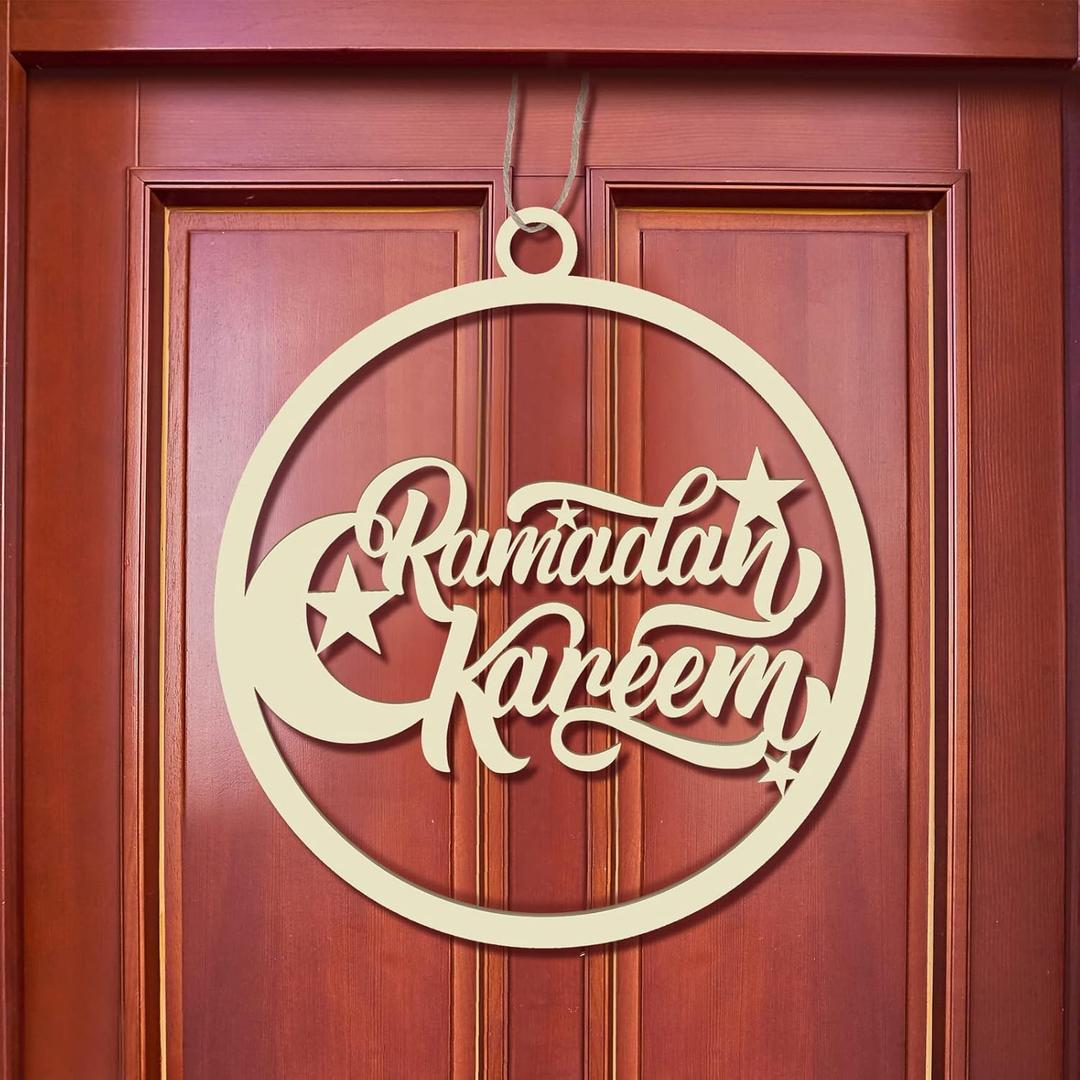 Queekay Ramadan Door Decoration Wooden Ramadan Mubarak Door Wreath Eid Mubarak Hanging Sign Moon Decorations for Islamic Muslim Home Wall Window Decor Supplies