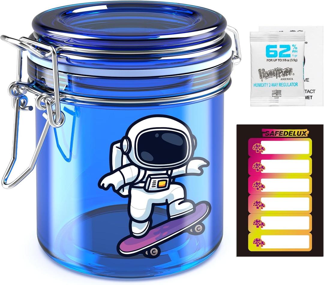 Smell Proof Jar with UV Protection, Airtight Glass Container, Double Sealed Smell Proof Container for Herbs, Teas, Coffee, Spices, Travel, Home, Kitchen, Fresh Storage Solution (Blue Astronaut)