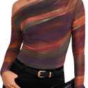 Women's Off The Shoulder Shirts Tie Dye Long Sleeve Mesh Casual Top Trendy Ruched Slim Fitted Tees (XS)