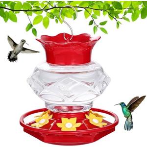 Fchstaer Hummingbird Feeders for Outdoors Hanging Ant and Bee Proof, 18OZ Diamond Humming Bird Feeders for Outside Circular Perch with Leak Proof & 6 Feeding Ports, Gifts for Women,1 Pack Plastic