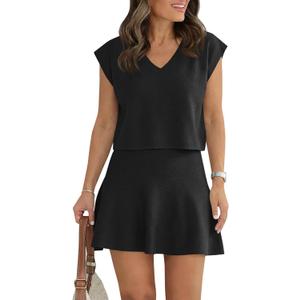 Wenrine Womens Summer 2 Piece Skirt Sets Casual V Neck Crop Tops A Line Mini Skirts Sleeveless Knit Sweater Matching Set (Black, S)