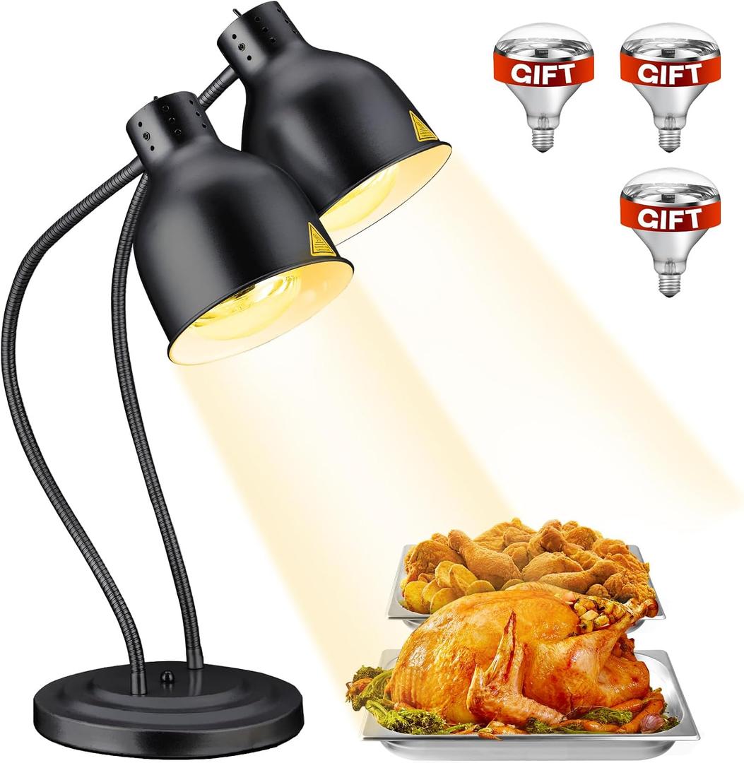 Food Heat Lamp with 3 Bulbs, 500W Rapid and Steady Heating, Painted Black | Catering Food Warmer Lamp, Commercial Heat Lamp for Food, Electric Food Warming Lamp for Buffet & Parties