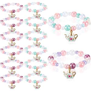 Ecally 12 Pcs Tea Party Favors Bracelet Bulk Tea Pot Beaded Easter Bracelet Party Supplies Pendant Accessories Princess Decorations for Kids Girl