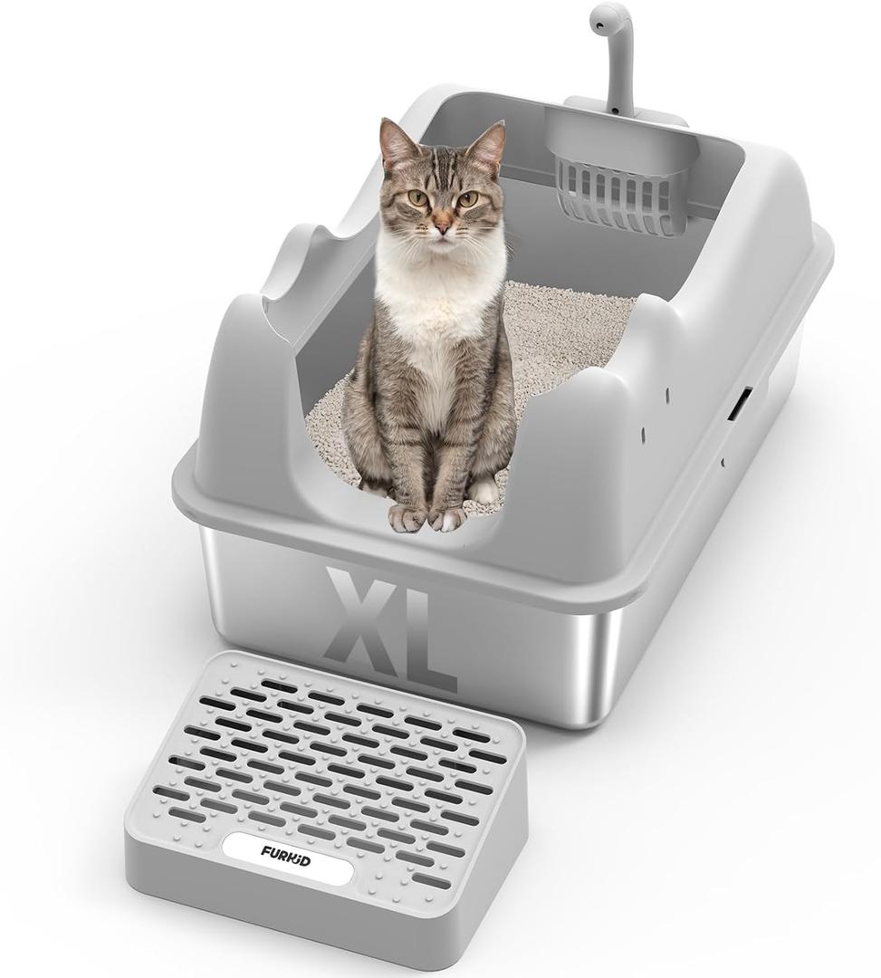 XL Extra Large Enclosed Cat Litter Box - Stainless Steel, High Sided Metal with Lid, Non-Sticky Anti-Leakage, Easy Cleaning Gray