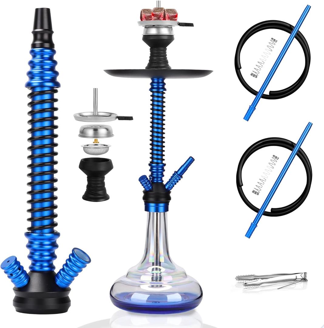 Hookah Set with Everything Accessories Silicone Hose Bowl Coal Tongs Mouth Tips Chimney Screen Diffuser,Glass Shisha Hookahs Set Complete Aluminum Stem Hooka Smoking Blue