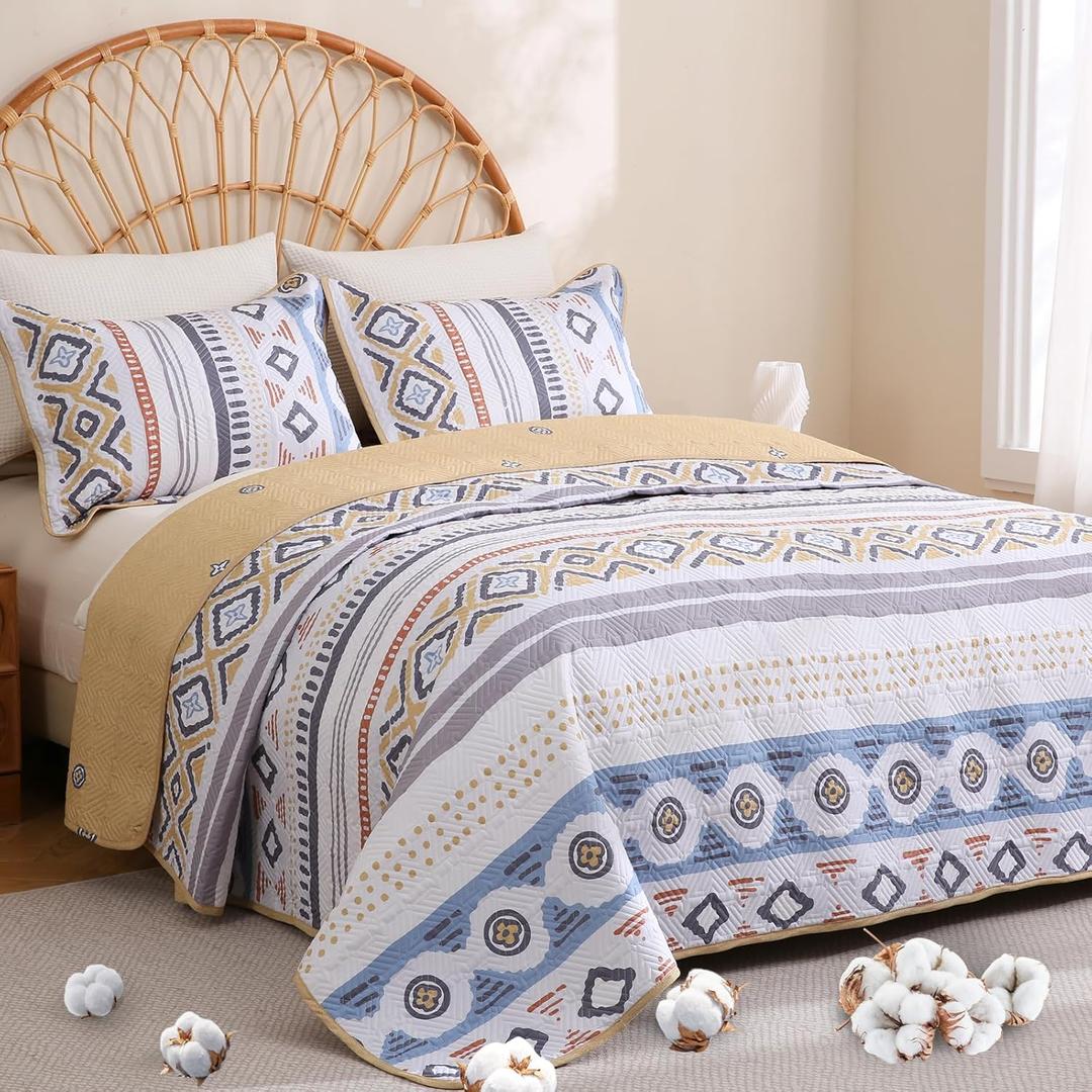 YOUR MOON Cotton Queen Quilt Sets with 2 Pillow Shams, Lightweight Quilt Bedding Set for All Seasons, Soft Boho Print Bedspreads Coverlet (Queen (90"x98"))