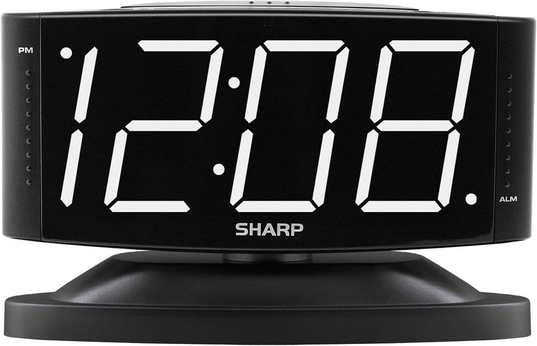 Sharp Home LED Digital Alarm Clock  Swivel Base - Outlet Powered, Simple Operation, Alarm, Snooze, Brightness Dimmer, Big White Digit Display, (Black-White LED)