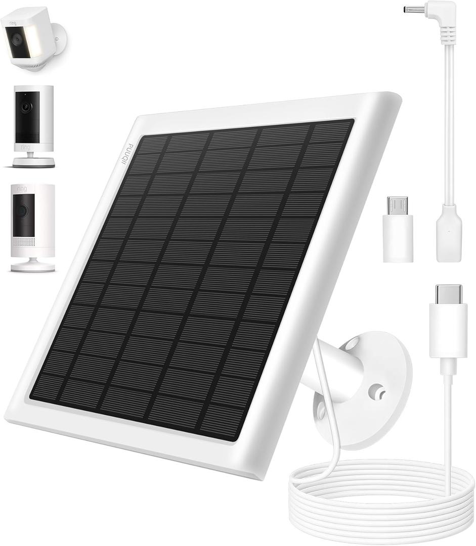 8W Solar Panel for Ring Camera, Solar Panel Charger Compatible with Ring Stick Up Cam/Pro Battery, Spotlight Cam/Pro/Plus Battery, Includes Barrel Plug to USB-C Adapter, IP65 Waterproof, 10ft Cable (White)