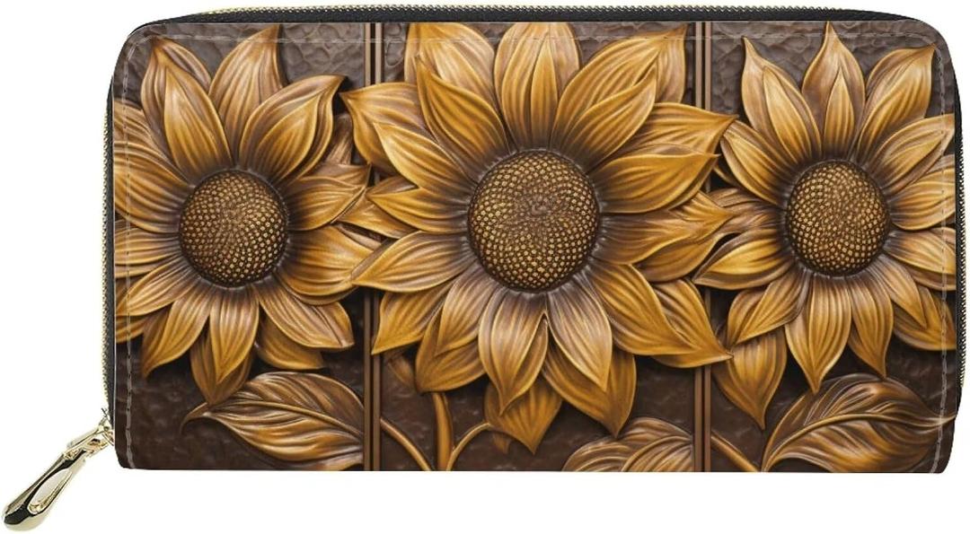 Retro Sunflower Women Soft Leather Purses Zipper Protable Travel Wallet Long Shopping Pouch, Portable Zippered Women Purse Wallet, Gift for Mom, Gold
