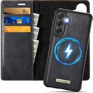 Wallet Case for Samsung Galaxy S25 Compatible with Magsafe, 2-in-1 PU Leather Flip RFID Blocking Card Holder Stand Shockproof Magnetic Detachable Cover for Galaxy S25 Case 6.2", Black