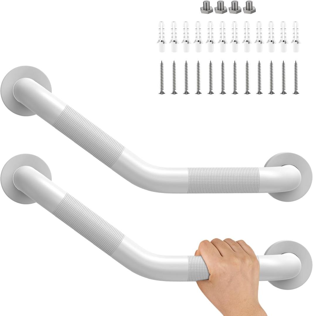 16 Inch Angled Shower Grab Bar White, Munzong 2 Pack Anti Slip Bathroom Grab Bar, Knurled Bathroom Balance Bar,Safety Hand Rail Support Handicap Elderly Injury Senior Assist Bath Handle-1.25 Tube