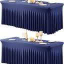 2 Packs Navy Blue Table Clothes for 6 Foot Rectangle Tables, One-Piece Wrinkle Resistant Stretch Spandex Table Covers with Table Skirt for Event Banquet Wedding Birthday Party